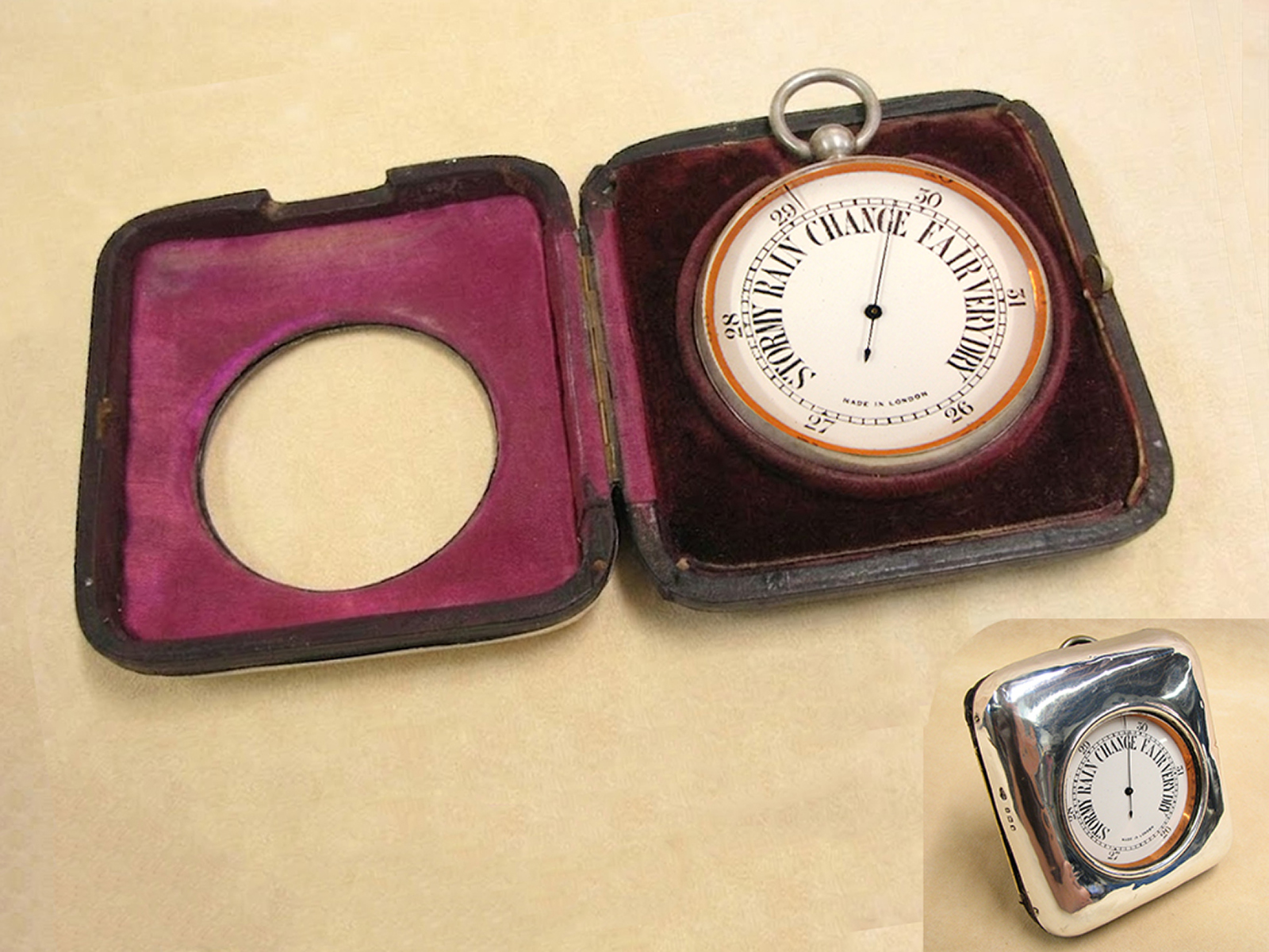 Early 1900's Goliath pocket barometer in Birmingham hallmarked silver display case'
